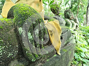 Buddha hand sculpture covered with moss in green nature, antique and vestige in Asia