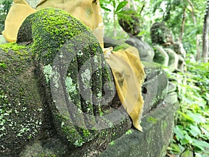 Buddha hand sculpture covered with moss in green nature, antique and vestige in Asia photo
