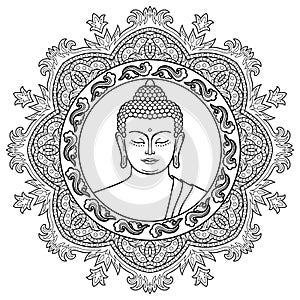Buddha Head on Mandala Background