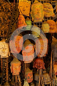 Buddha head masks and carvings