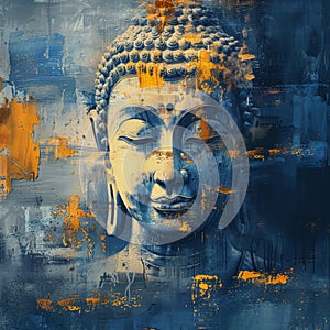 Buddha head painting on blue and yellow background