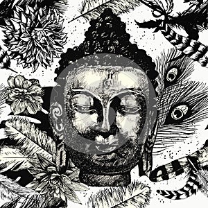 Buddha head seamless pattern black and white. Hand drawn vector.