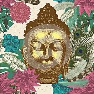 Buddha head seamless pattern. Hand drawn vector.