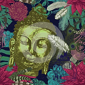 Buddha head seamless pattern. Hand drawn vector.