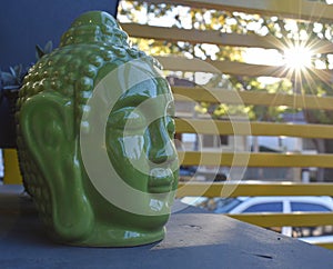 Buddha head statue close up.