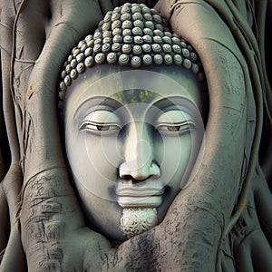 Buddha head in tree roots photo