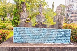 The Buddha image with history descriptions at Sala Keoku, the pa