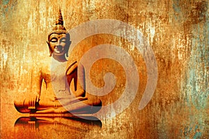 Buddha image in lotus position in grunge orange gold painting style - meditation background