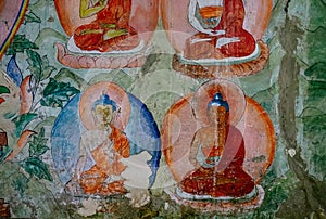 Buddha Incarnation elements of wall painting in Thiksey Monastery in Leh