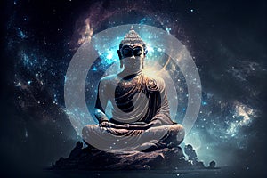 Buddha in a Lotus Pose cosmic aura background and with mandala