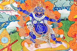 Buddha Mahakala Tibetan thangka painting closeup, medicine Buddha