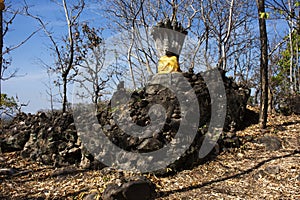 Buddha meditate and protective cover head by mythical serpent or Nak Prok Buddha Sheltered by naga hood on cliff mountain for thai