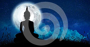 The Buddha meditated among many stars and a large moon