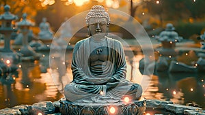 Buddha meditating among lotus flowers on water. Sparkling lights calm meditation landscape. Sparkling lights. Buddhism
