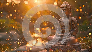 Buddha meditating among lotus flowers on water. Sparkling lights calm meditation landscape. Sparkling lights. Buddhism