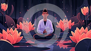 Buddha meditating on lotus position. Man in meditation. Symbol of Buddhism. Concept of enlightenment, Zen, religion