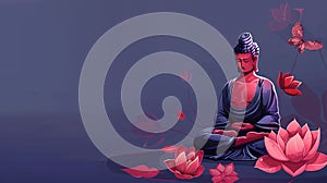Buddha meditating in lotus position. Man in meditation. Symbol of Buddhism. Concept of enlightenment, Zen, religion