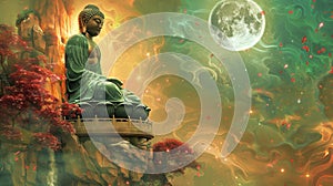 Buddha meditating on lotus position in natural setting. Concept of enlightenment, Zen, religion, spiritual awakening