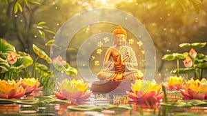 Buddha meditating on lotus position in natural setting. Concept of enlightenment, Zen, religion, spiritual awakening