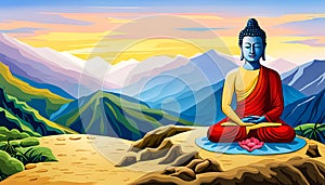 Buddha meditating in thre mountain - Generative AI