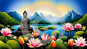Buddha meditation among lotus flowers - Generative AI
