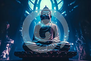 Buddha meditation statue blue neon illumination. Generate ai