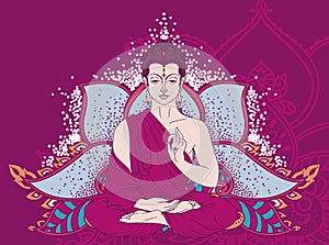 Buddha in meditation on stylized lotus flower