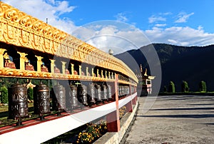 Buddha monastery and Prayer wheels with blue sky at Dirang,Arunachal Prodesh,India Tourist attraction of Buddha architecture,North