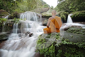 Buddha monk practice meditation at  waterfall