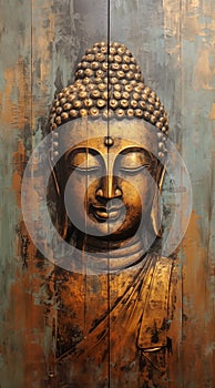 Buddha oil painting on wooden background.