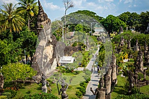 Buddha park Xieng Khouane in Vientiane, Laos. Famous travel tourist landmark of Buddhist stone statues and religious figures