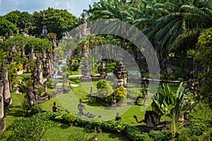 Buddha park Xieng Khouane in Vientiane, Laos. Famous travel tourist landmark of Buddhist stone statues and religious figures