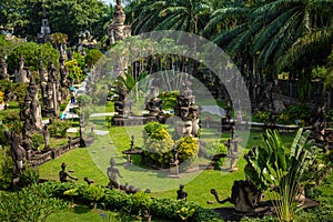 Buddha park Xieng Khouane in Vientiane, Laos. Famous travel tourist landmark of Buddhist stone statues and religious figures