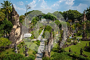 Buddha park Xieng Khouane in Vientiane, Laos. Famous travel tourist landmark of Buddhist stone statues and religious figures