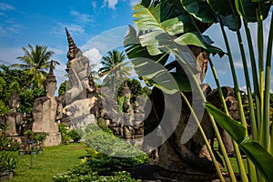 Buddha park Xieng Khouane in Vientiane, Laos. Famous travel tourist landmark of Buddhist stone statues and religious figures