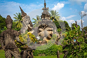 Buddha park Xieng Khouane in Vientiane, Laos. Famous travel tourist landmark of Buddhist stone statues and religious figures