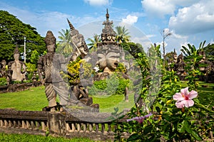 Buddha park Xieng Khouane in Vientiane, Laos. Famous travel tourist landmark of Buddhist stone statues and religious figures