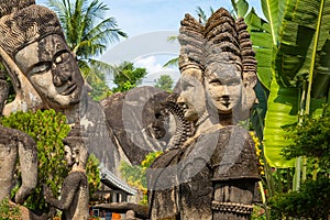 Buddha park Xieng Khouane in Vientiane, Laos. Famous travel tourist landmark of Buddhist stone statues and religious figures