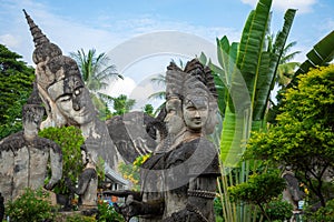 Buddha park Xieng Khouane in Vientiane, Laos. Famous travel tourist landmark of Buddhist stone statues and religious figures