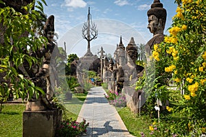 Buddha park Xieng Khouane in Vientiane, Laos. Famous travel tourist landmark of Buddhist stone statues and religious figures