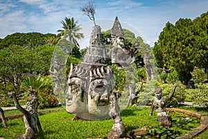 Buddha park Xieng Khouane in Vientiane, Laos. Famous travel tourist landmark of Buddhist stone statues and religious figures