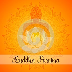 Buddha Purnima Vector illustration greeting card. Mandala, lotus flower with buddhas silhouette.