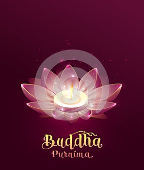 Buddha Purnima Vesak day lettring text greeting card. Lotus flower and burning candle