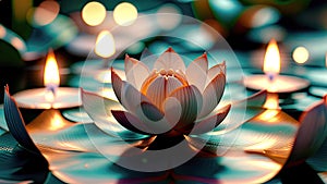Buddha Purnima Vesak day. Lotus flower and burning candle. Generative AI