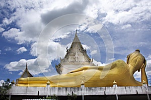 Buddha reclining attitude statue of Wat Khao Sung Chaem Fa temple on Khao Sam Sip Hap mountain for thai people foreign travelers