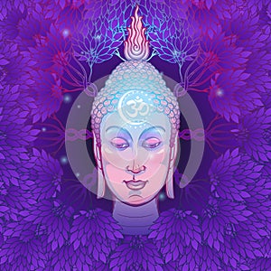 Buddha`s head with a sacred om symbol glowing on his forehead. Placed on the decorative deep purple background with