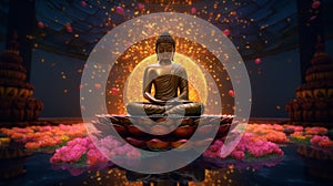 buddha sakyamuni in buddhism stands on a golden lotus generative AI