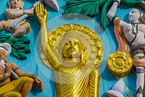 Buddha sculptures of Shanti Stupa, a Buddhist white-domed stupa chorten on the top of Chanspa, Leh city, Ladakh of the north