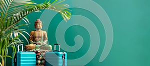 Buddha seated on suitcases with palm leaves beside. Green background. Zen travel theme in minimalist design. Concept of