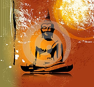 Buddha silhouette in lotus position against colorful grunge background